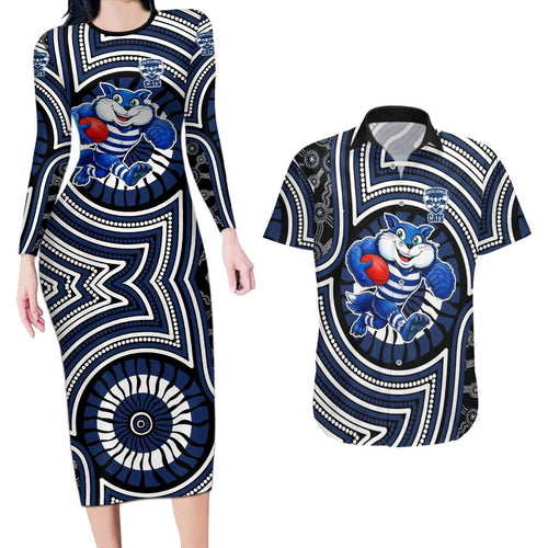Geelong Cats Couples Matching Long Sleeve Bodycon Dress and Hawaiian Shirt Indigenous Monochrome Dot Art Mascot Style