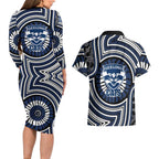 Geelong Cats Couples Matching Long Sleeve Bodycon Dress and Hawaiian Shirt Indigenous Monochrome Dot Art Mascot Style