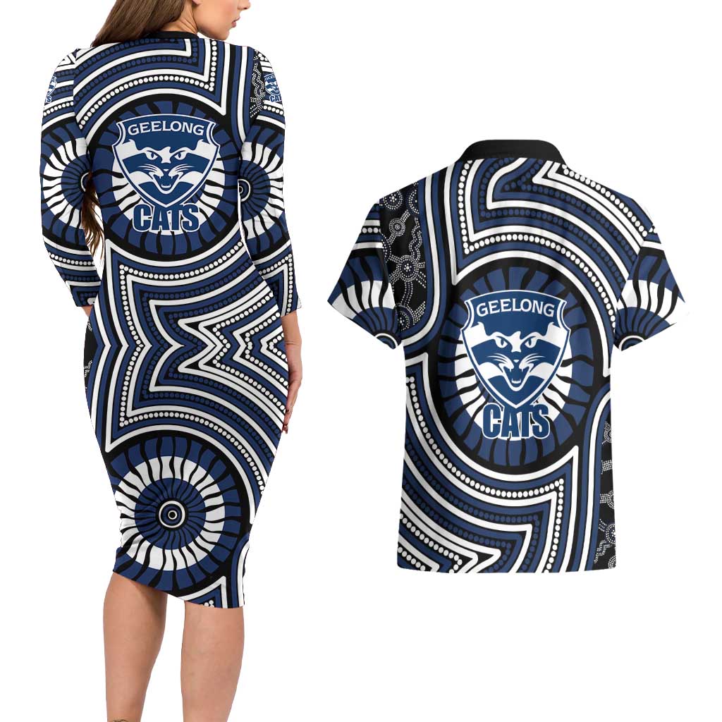Geelong Cats Couples Matching Long Sleeve Bodycon Dress and Hawaiian Shirt Indigenous Monochrome Dot Art Mascot Style
