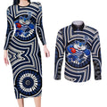 Geelong Cats Couples Matching Long Sleeve Bodycon Dress and Long Sleeve Button Shirt Indigenous Monochrome Dot Art Mascot Style