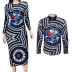 Geelong Cats Couples Matching Long Sleeve Bodycon Dress and Long Sleeve Button Shirt Indigenous Monochrome Dot Art Mascot Style