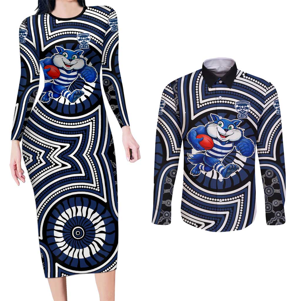 Geelong Cats Couples Matching Long Sleeve Bodycon Dress and Long Sleeve Button Shirt Indigenous Monochrome Dot Art Mascot Style