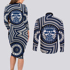 Geelong Cats Couples Matching Long Sleeve Bodycon Dress and Long Sleeve Button Shirt Indigenous Monochrome Dot Art Mascot Style