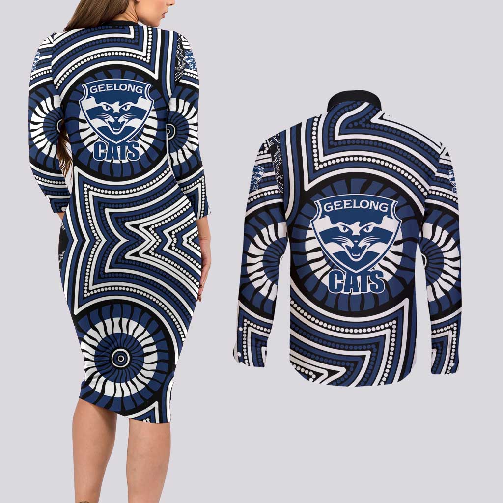 Geelong Cats Couples Matching Long Sleeve Bodycon Dress and Long Sleeve Button Shirt Indigenous Monochrome Dot Art Mascot Style