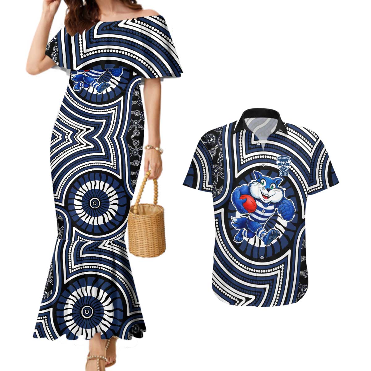 Geelong Cats Couples Matching Mermaid Dress and Hawaiian Shirt Indigenous Monochrome Dot Art Mascot Style