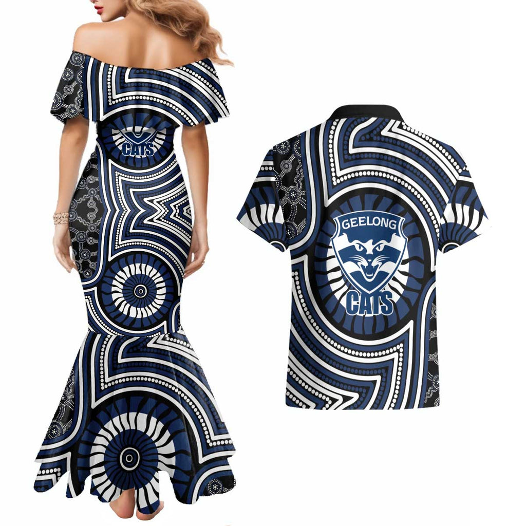 Geelong Cats Couples Matching Mermaid Dress and Hawaiian Shirt Indigenous Monochrome Dot Art Mascot Style