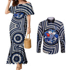 Geelong Cats Couples Matching Mermaid Dress and Long Sleeve Button Shirt Indigenous Monochrome Dot Art Mascot Style