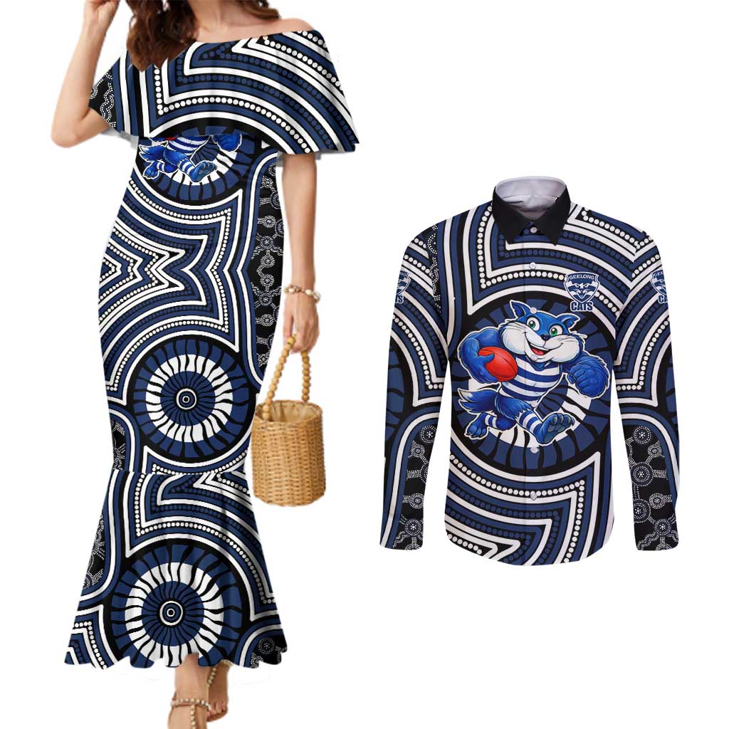 Geelong Cats Couples Matching Mermaid Dress and Long Sleeve Button Shirt Indigenous Monochrome Dot Art Mascot Style