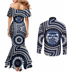 Geelong Cats Couples Matching Mermaid Dress and Long Sleeve Button Shirt Indigenous Monochrome Dot Art Mascot Style