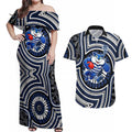 Geelong Cats Couples Matching Off Shoulder Maxi Dress and Hawaiian Shirt Indigenous Monochrome Dot Art Mascot Style
