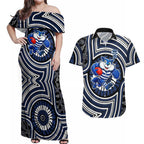 Geelong Cats Couples Matching Off Shoulder Maxi Dress and Hawaiian Shirt Indigenous Monochrome Dot Art Mascot Style