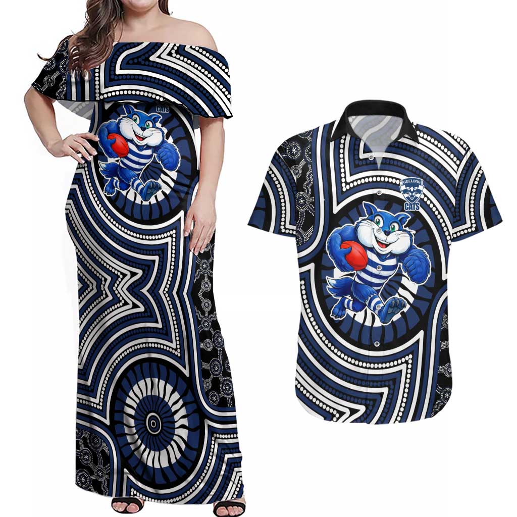 Geelong Cats Couples Matching Off Shoulder Maxi Dress and Hawaiian Shirt Indigenous Monochrome Dot Art Mascot Style