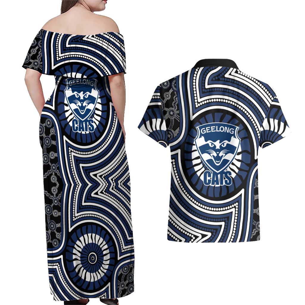 Geelong Cats Couples Matching Off Shoulder Maxi Dress and Hawaiian Shirt Indigenous Monochrome Dot Art Mascot Style