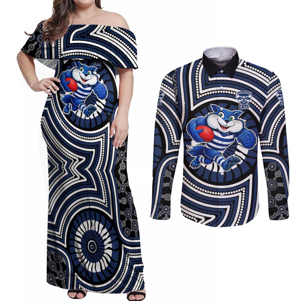 Geelong Cats Couples Matching Off Shoulder Maxi Dress and Long Sleeve Button Shirt Indigenous Monochrome Dot Art Mascot Style