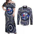Geelong Cats Couples Matching Off Shoulder Maxi Dress and Long Sleeve Button Shirt Indigenous Monochrome Dot Art Mascot Style