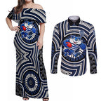 Geelong Cats Couples Matching Off Shoulder Maxi Dress and Long Sleeve Button Shirt Indigenous Monochrome Dot Art Mascot Style
