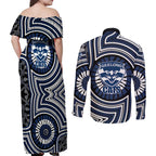 Geelong Cats Couples Matching Off Shoulder Maxi Dress and Long Sleeve Button Shirt Indigenous Monochrome Dot Art Mascot Style
