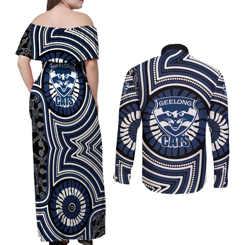 Geelong Cats Couples Matching Off Shoulder Maxi Dress and Long Sleeve Button Shirt Indigenous Monochrome Dot Art Mascot Style
