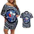 Geelong Cats Couples Matching Off Shoulder Short Dress and Hawaiian Shirt Indigenous Monochrome Dot Art Mascot Style
