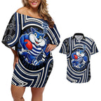 Geelong Cats Couples Matching Off Shoulder Short Dress and Hawaiian Shirt Indigenous Monochrome Dot Art Mascot Style