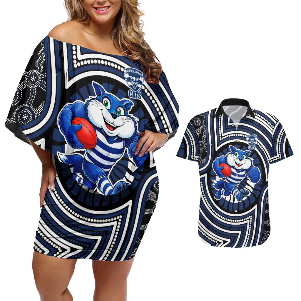 Geelong Cats Couples Matching Off Shoulder Short Dress and Hawaiian Shirt Indigenous Monochrome Dot Art Mascot Style