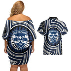 Geelong Cats Couples Matching Off Shoulder Short Dress and Hawaiian Shirt Indigenous Monochrome Dot Art Mascot Style