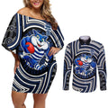 Geelong Cats Couples Matching Off Shoulder Short Dress and Long Sleeve Button Shirt Indigenous Monochrome Dot Art Mascot Style