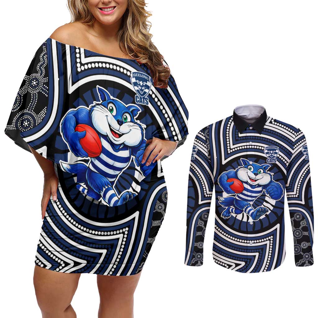 Geelong Cats Couples Matching Off Shoulder Short Dress and Long Sleeve Button Shirt Indigenous Monochrome Dot Art Mascot Style