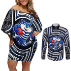 Geelong Cats Couples Matching Off Shoulder Short Dress and Long Sleeve Button Shirt Indigenous Monochrome Dot Art Mascot Style