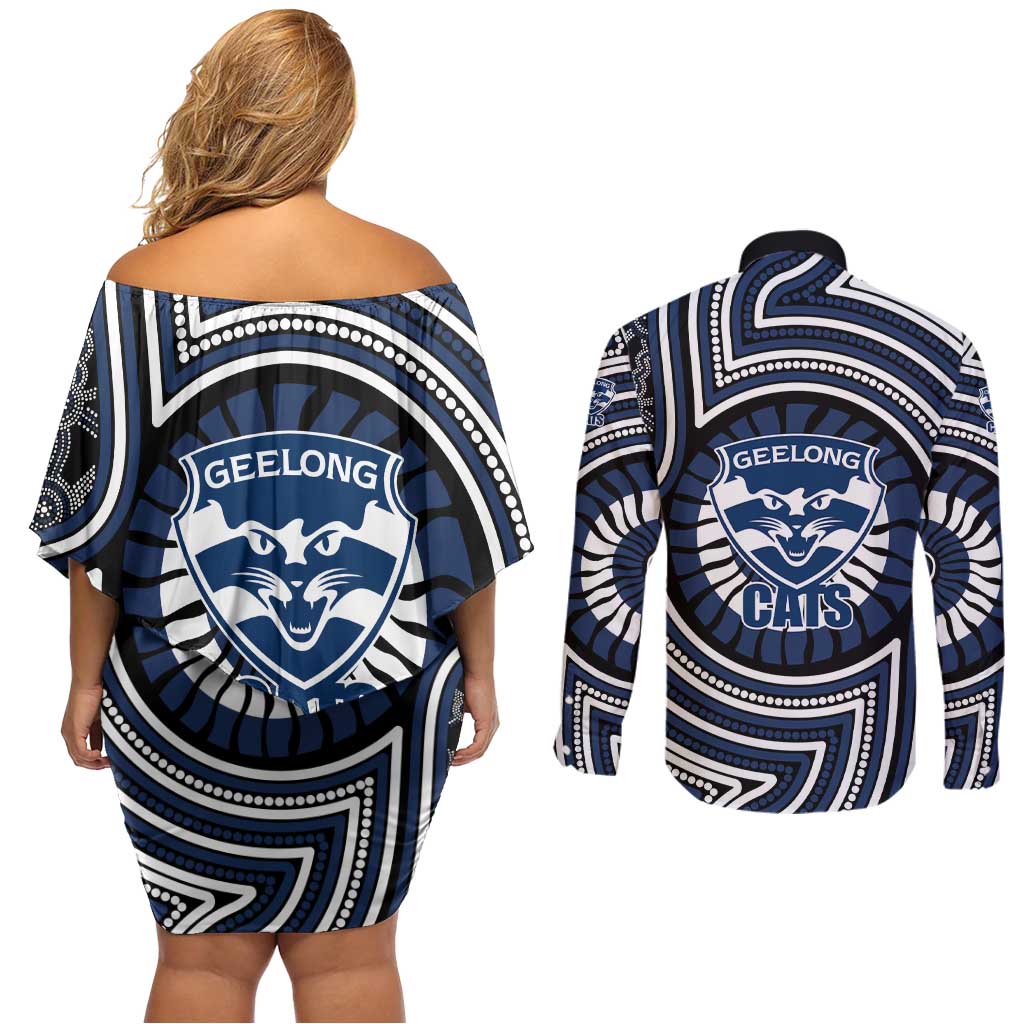 Geelong Cats Couples Matching Off Shoulder Short Dress and Long Sleeve Button Shirt Indigenous Monochrome Dot Art Mascot Style