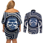 Geelong Cats Couples Matching Off Shoulder Short Dress and Long Sleeve Button Shirt Indigenous Monochrome Dot Art Mascot Style