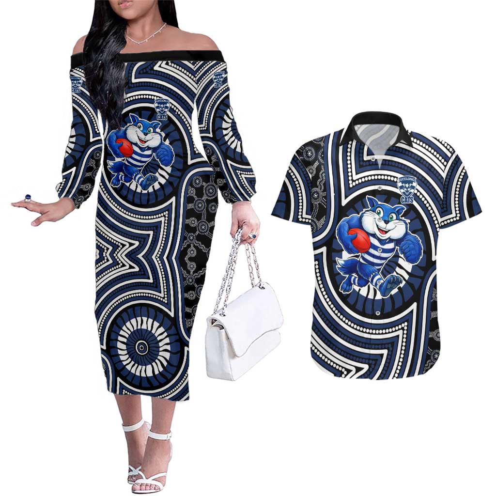 Geelong Cats Couples Matching Off The Shoulder Long Sleeve Dress and Hawaiian Shirt Indigenous Monochrome Dot Art Mascot Style