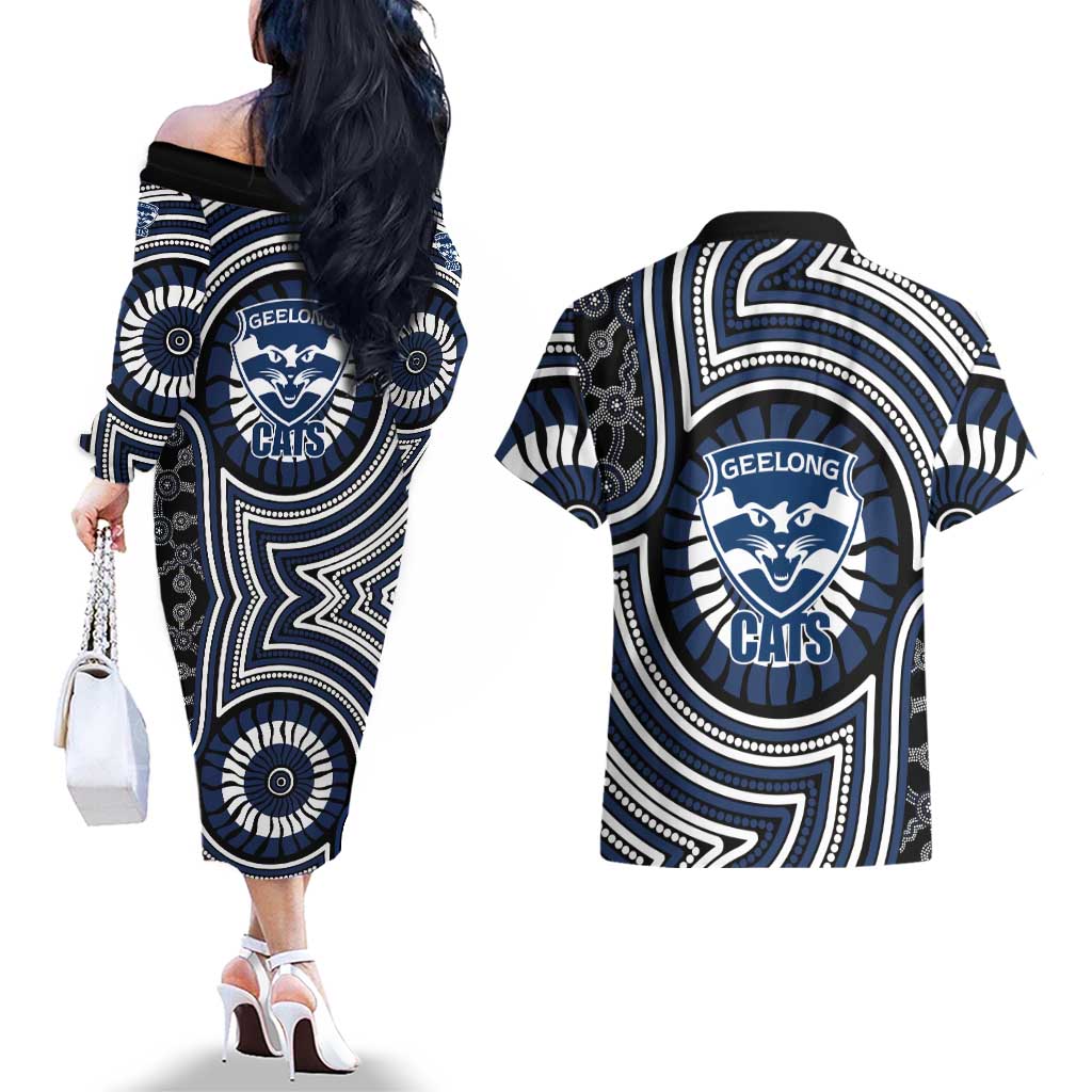 Geelong Cats Couples Matching Off The Shoulder Long Sleeve Dress and Hawaiian Shirt Indigenous Monochrome Dot Art Mascot Style