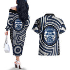 Geelong Cats Couples Matching Off The Shoulder Long Sleeve Dress and Hawaiian Shirt Indigenous Monochrome Dot Art Mascot Style