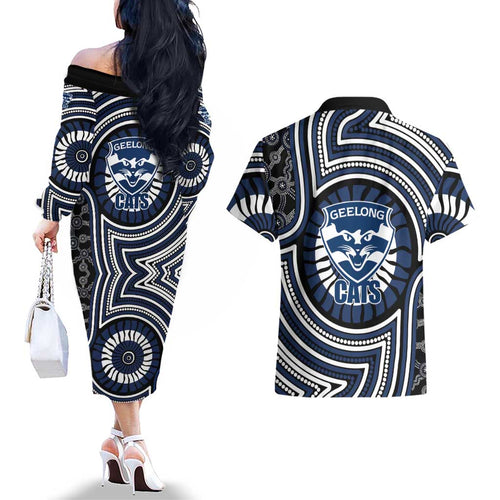 Geelong Cats Couples Matching Off The Shoulder Long Sleeve Dress and Hawaiian Shirt Indigenous Monochrome Dot Art Mascot Style
