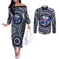 Geelong Cats Couples Matching Off The Shoulder Long Sleeve Dress and Long Sleeve Button Shirt Indigenous Monochrome Dot Art Mascot Style