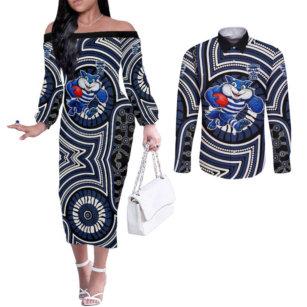 Geelong Cats Couples Matching Off The Shoulder Long Sleeve Dress and Long Sleeve Button Shirt Indigenous Monochrome Dot Art Mascot Style