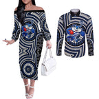 Geelong Cats Couples Matching Off The Shoulder Long Sleeve Dress and Long Sleeve Button Shirt Indigenous Monochrome Dot Art Mascot Style