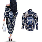 Geelong Cats Couples Matching Off The Shoulder Long Sleeve Dress and Long Sleeve Button Shirt Indigenous Monochrome Dot Art Mascot Style