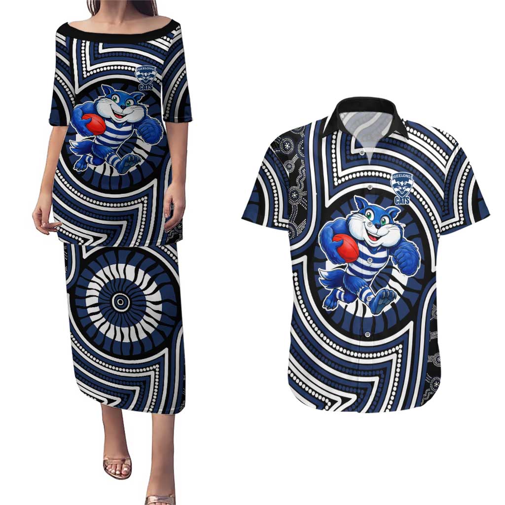 Geelong Cats Couples Matching Puletasi and Hawaiian Shirt Indigenous Monochrome Dot Art Mascot Style
