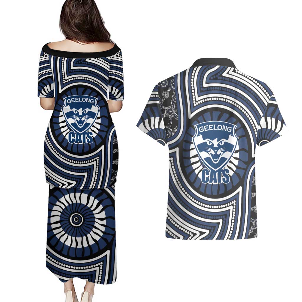 Geelong Cats Couples Matching Puletasi and Hawaiian Shirt Indigenous Monochrome Dot Art Mascot Style