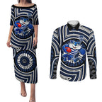 Geelong Cats Couples Matching Puletasi and Long Sleeve Button Shirt Indigenous Monochrome Dot Art Mascot Style
