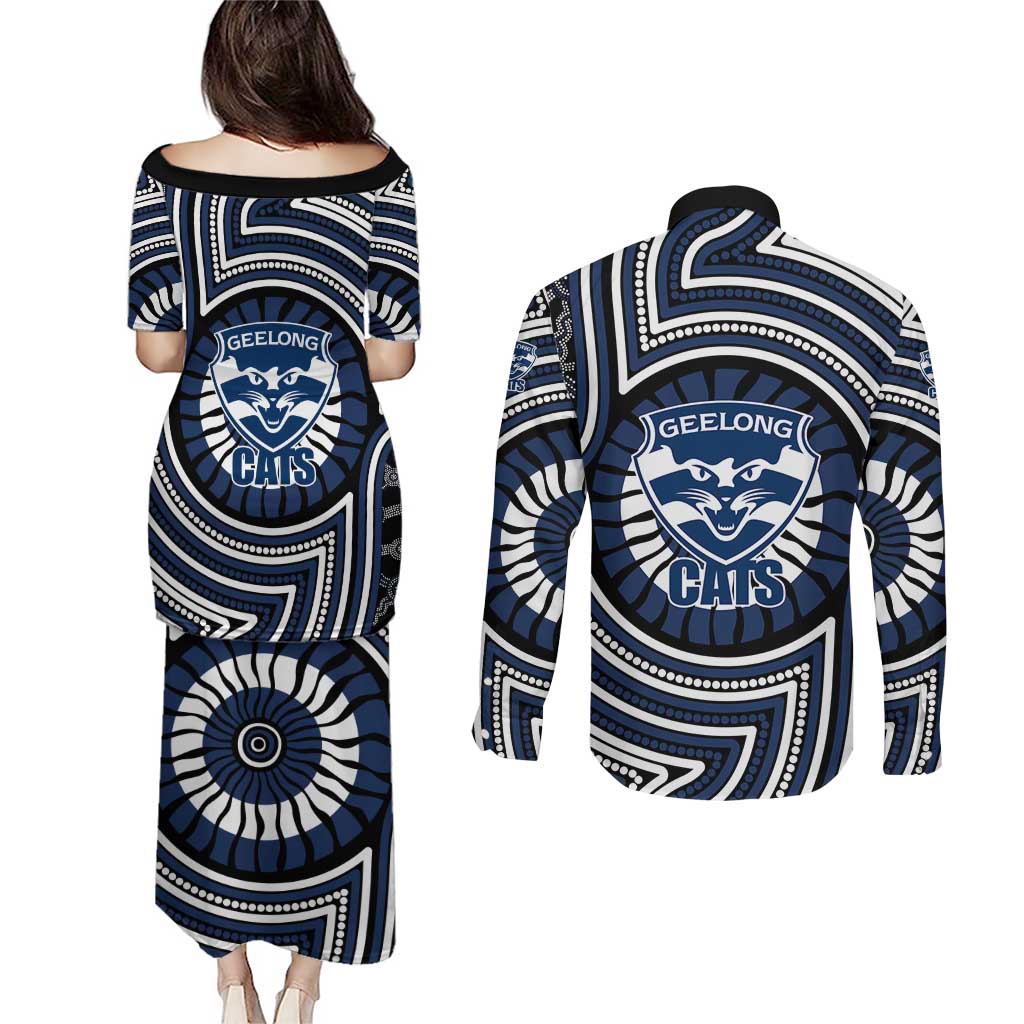 Geelong Cats Couples Matching Puletasi and Long Sleeve Button Shirt Indigenous Monochrome Dot Art Mascot Style
