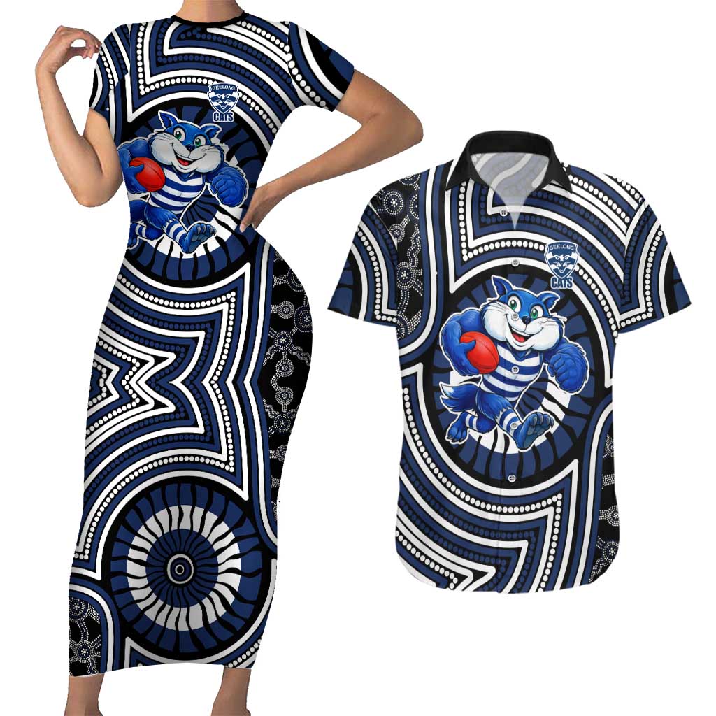 Geelong Cats Couples Matching Short Sleeve Bodycon Dress and Hawaiian Shirt Indigenous Monochrome Dot Art Mascot Style