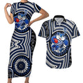 Geelong Cats Couples Matching Short Sleeve Bodycon Dress and Hawaiian Shirt Indigenous Monochrome Dot Art Mascot Style