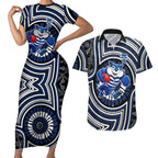 Geelong Cats Couples Matching Short Sleeve Bodycon Dress and Hawaiian Shirt Indigenous Monochrome Dot Art Mascot Style