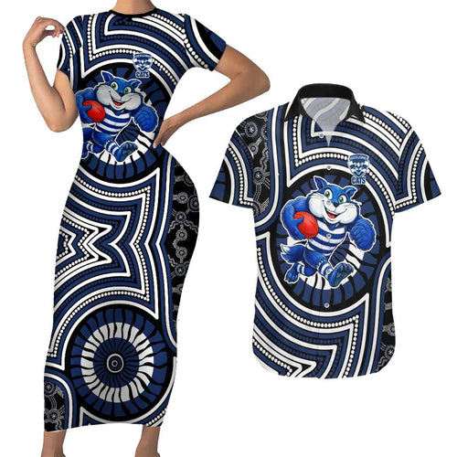 Geelong Cats Couples Matching Short Sleeve Bodycon Dress and Hawaiian Shirt Indigenous Monochrome Dot Art Mascot Style