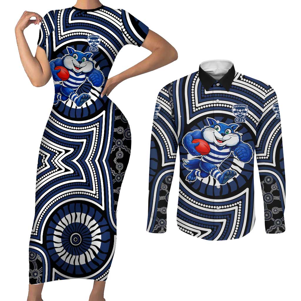 Geelong Cats Couples Matching Short Sleeve Bodycon Dress and Long Sleeve Button Shirt Indigenous Monochrome Dot Art Mascot Style