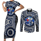 Geelong Cats Couples Matching Short Sleeve Bodycon Dress and Long Sleeve Button Shirt Indigenous Monochrome Dot Art Mascot Style