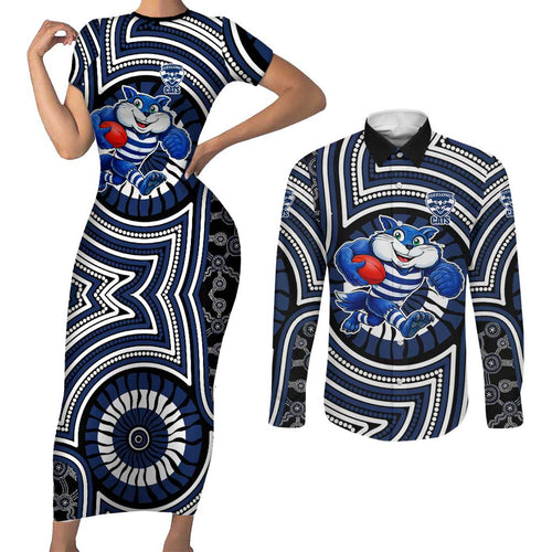 Geelong Cats Couples Matching Short Sleeve Bodycon Dress and Long Sleeve Button Shirt Indigenous Monochrome Dot Art Mascot Style